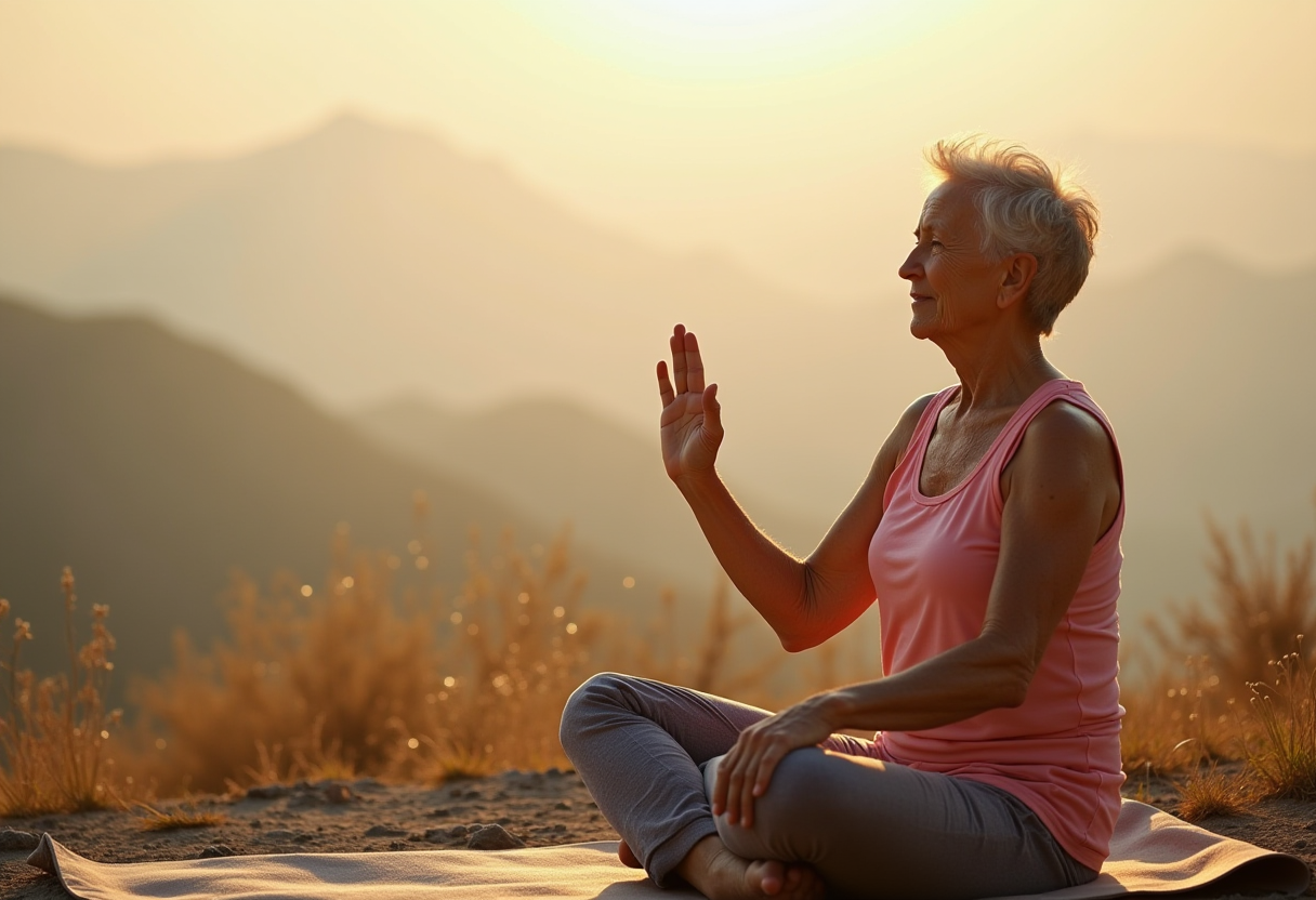 Възрастна жена медитира в спокойна обстановка
